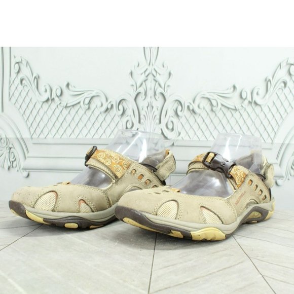 Merrell Tan Suede Vibram Sole Closed Toe Adjustable Maryjane Sandals Size 7.5 - Picture 2 of 9